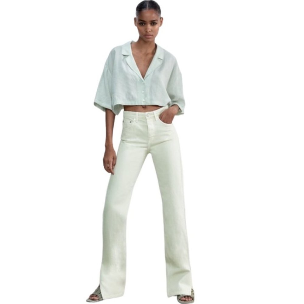 NWT Zara Womens Light Yellow/Green Mid Rise Full Length Straight Leg Slit Jeans